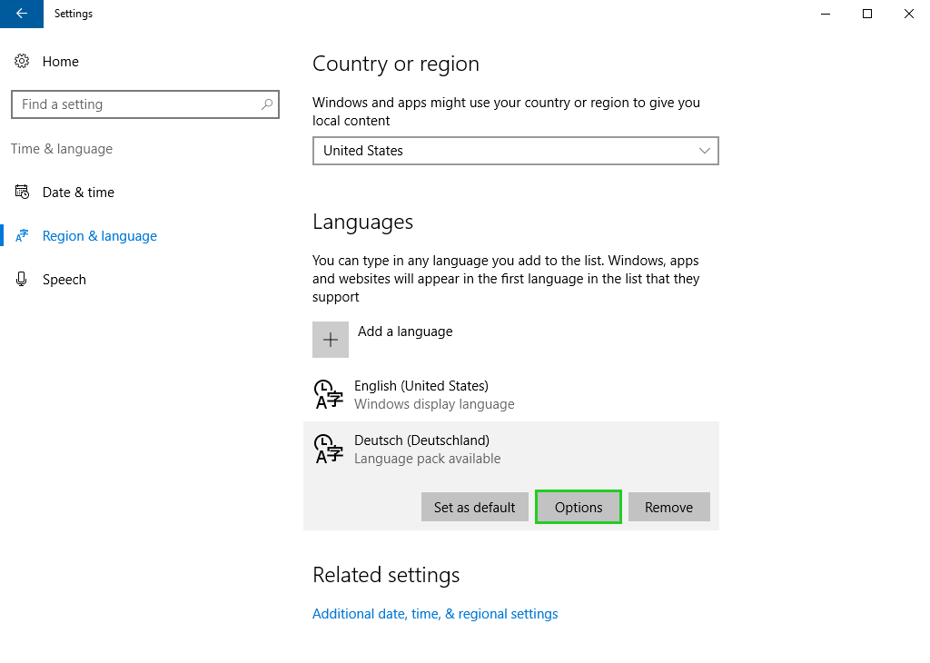Screenshot: Im Bereich "Region & language" ist die Schaltfläche Options hervorgehoben. 