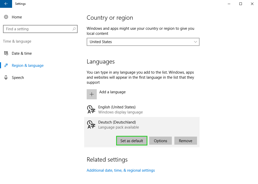 Screenshot: Im Bereich "Region & language" ist Deutsch als Sprache ausgewählt. Um diese Sprache als Standardsprache festzulegen, klicken Sie auf Set as default.