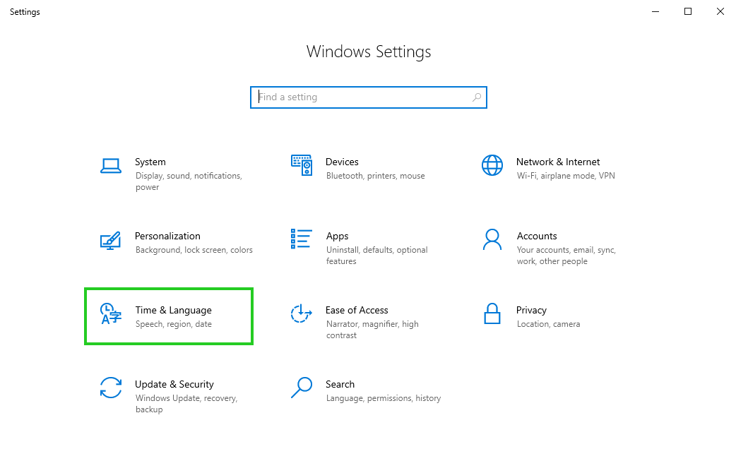 Screenshot: Das Fenster Windows Settings wird angezeigt. In diesem Fenster ist die Schaltfläche Time & Language hervorgehoben.