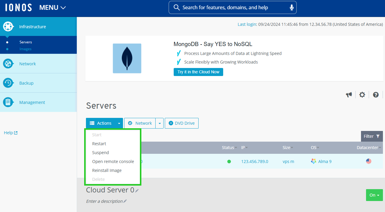 The Servers page under the Infrastructure tab in the Cloud Panel, with the available server actions highlighted.