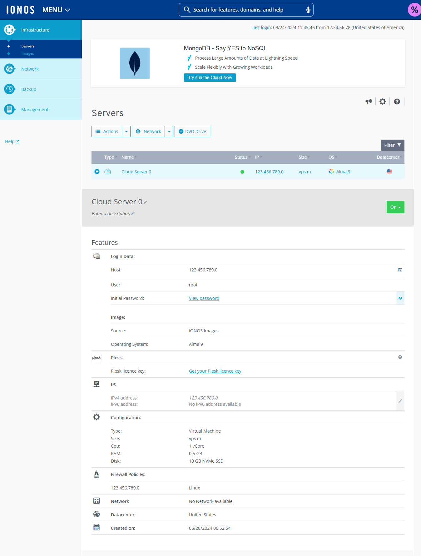 The Cloud Panel with the server Features displayed.
