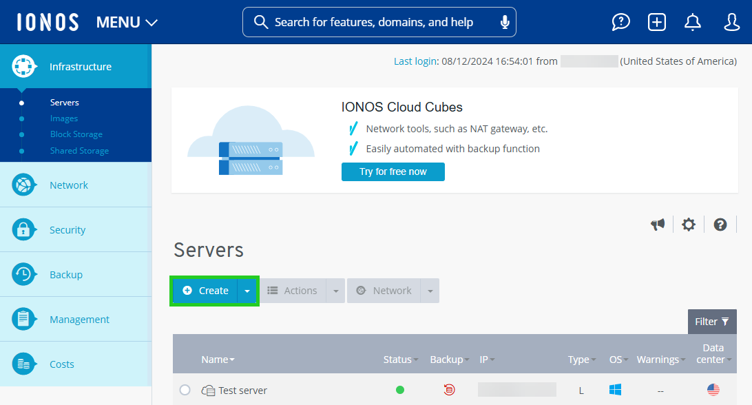 A screenshot of the IONOS Cloud Panel with the 'Create' button highlighted
