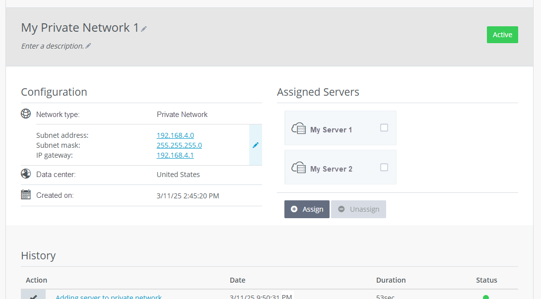 Screenshot of further detailed information about a private network. This information is displayed below the table after selecting a private network.
