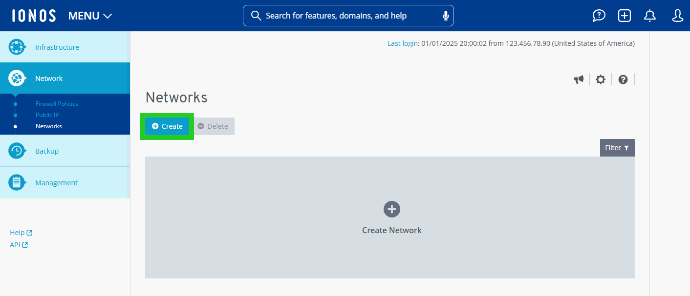 Screenshot of the Network > Networks section. In this section, the Create button is highlighted, which is displayed below the Networks heading.