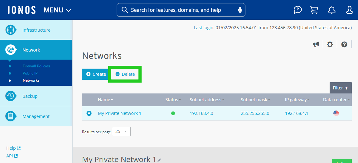 Screenshot of the Network > Networks section. In this section, the Delete button is highlighted, which is displayed under the Networks heading.