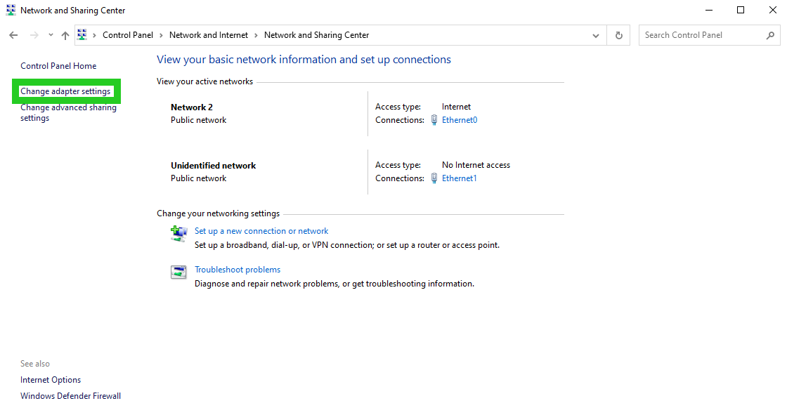 Screenshot of the section Windows Control Panel > Network and Internet > Network and Sharing Center. In this area, the button 'Change adapter settings' is highlighted.