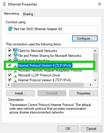 Screenshot of the Ethernet Properties window. In this window, the element Internet Protocol Version 4 (TCP/IPv4) is highlighted.