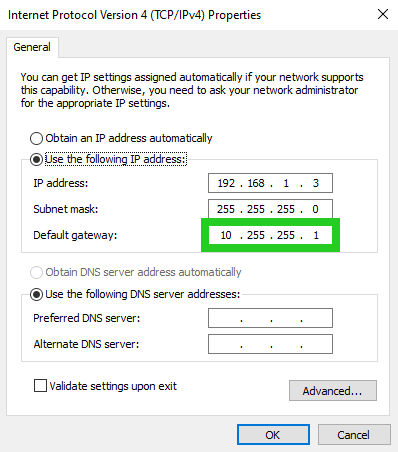 Screenshot of the Internet Protocol Version 4 (TCP/IPv4) Properties window. In this window, the Default Gateway field is highlighted.