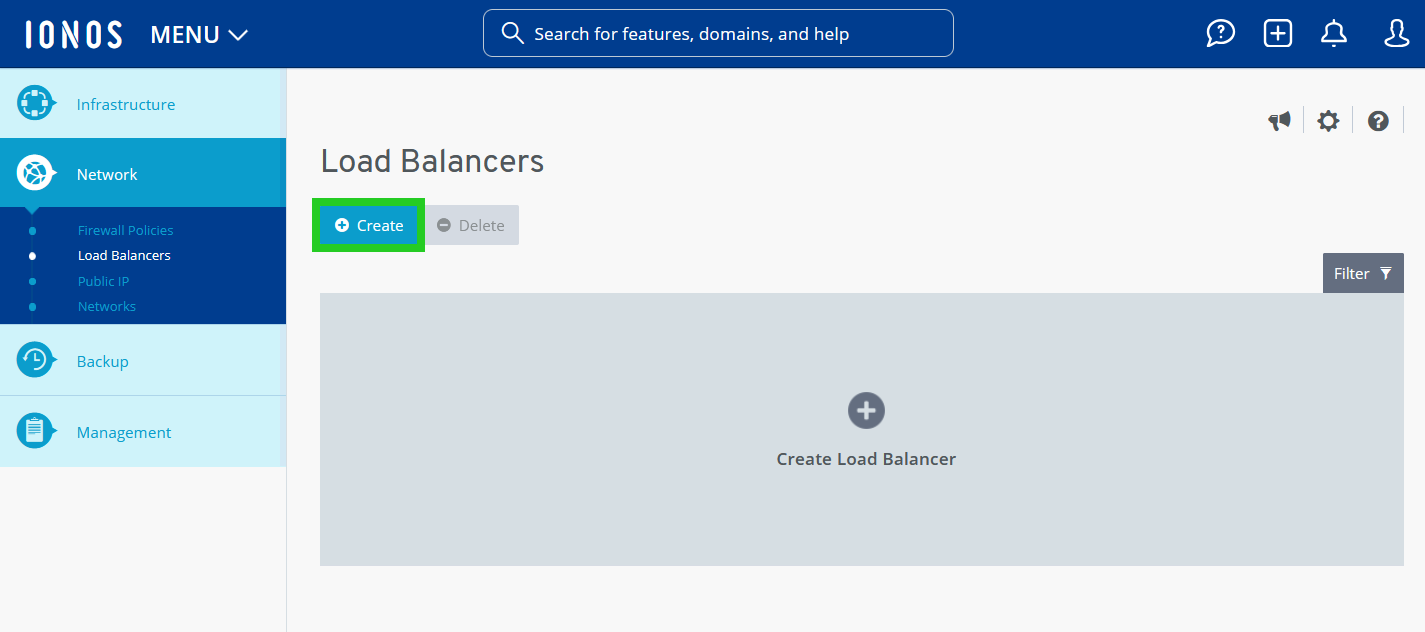 Screenshot: The Load Balancer page is displayed in the Cloud Panel. On this page, the Create button appears below the page title and is highlighted.
