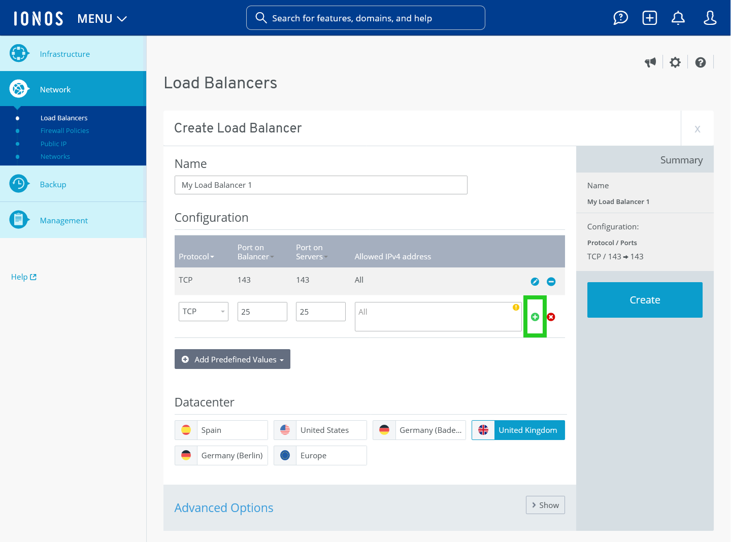 Screenshot: The Create Load Balancer panel appears. The plus sign button in the Configuration section is highlighted.