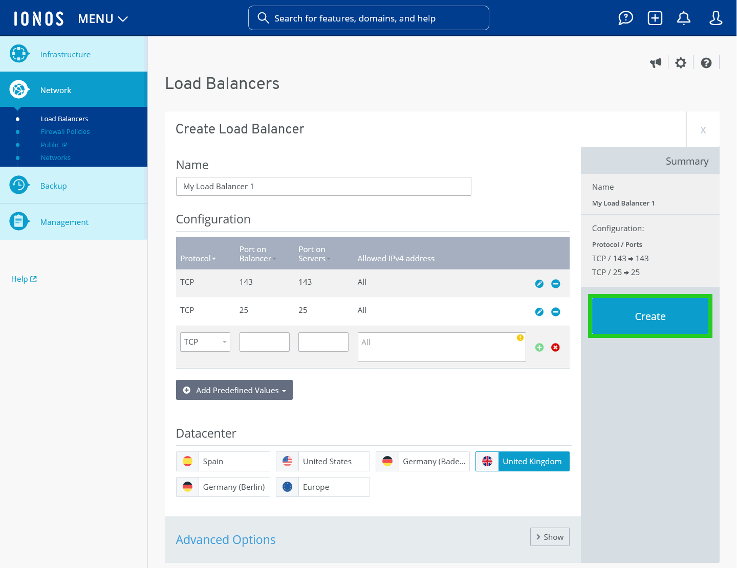 Screenshot: The Create Load Balancer panel appears. The Create button is highlighted in the Summary bar.