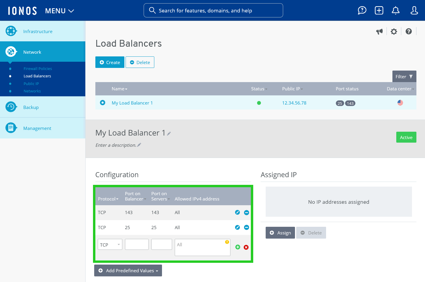 Screenshot: The Load Balancer page is displayed in the Cloud Panel. The Configuration section is highlighted on this page.
