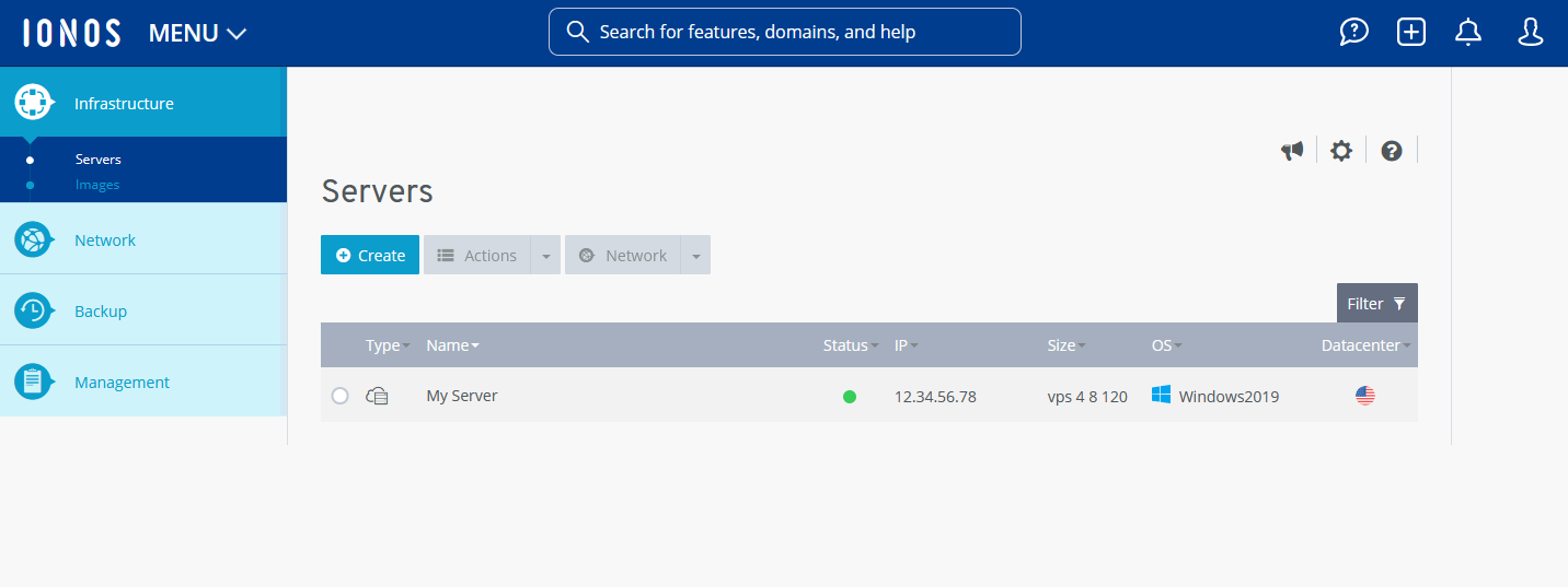 Screenshot: The Server page is displayed in the Cloud Panel.