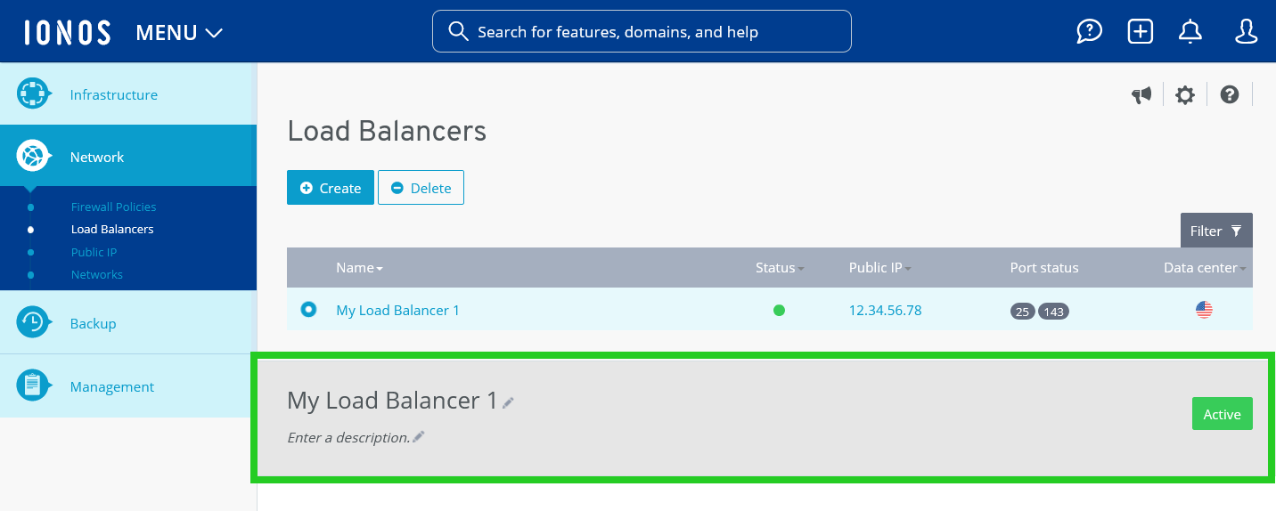 Screenshot: The Load Balancers page is displayed in the Cloud Panel. On this page, the section containing the load balancer description is highlighted.