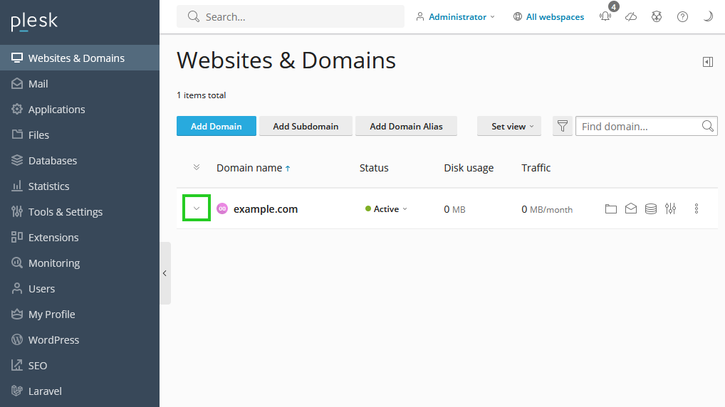 A screenshot of the Plesk panel, with the down arrow next to the domain name highlighted