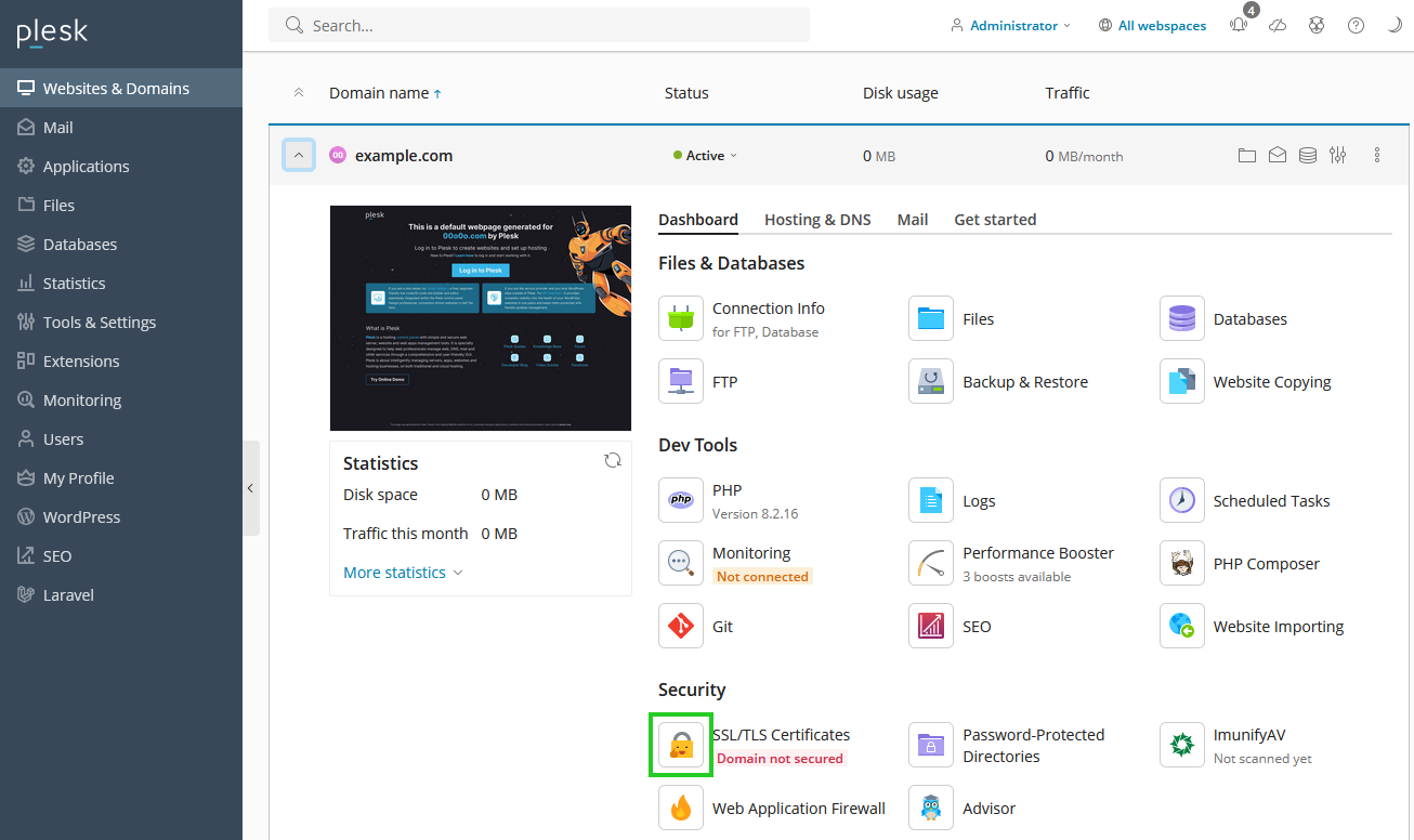 A screenshot of the Plesk panel with the "SSL/TLS Certificates" section highlighted