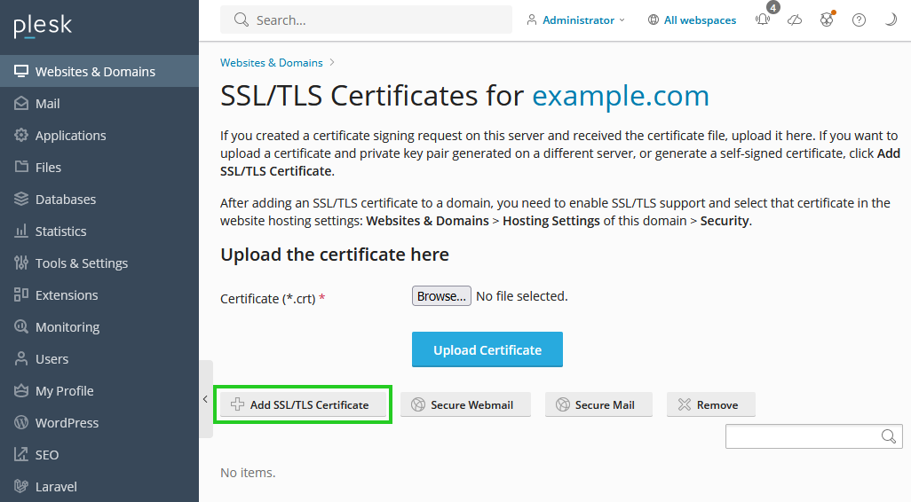A screenshot of the Plesk panel, highlighting the button "Add SSL/TLS Certificate"