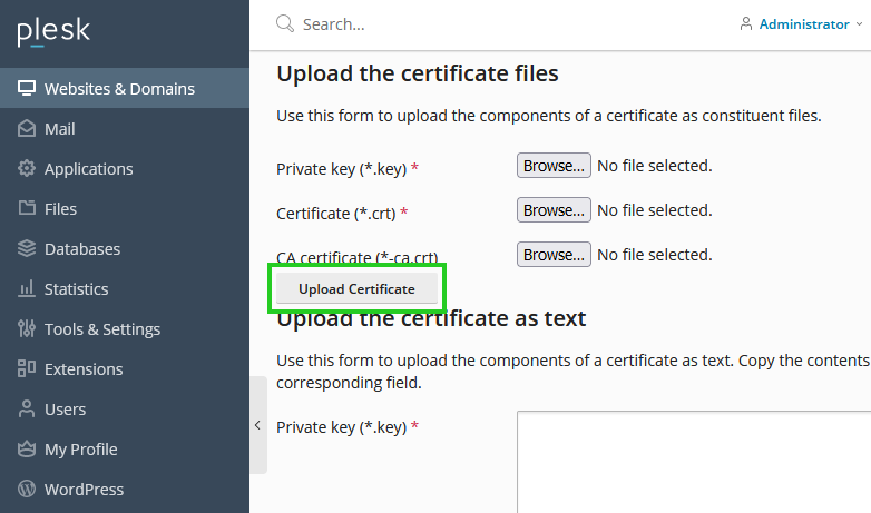 A screenshot of the Plesk panel with the Upload Certificate button highlighted.