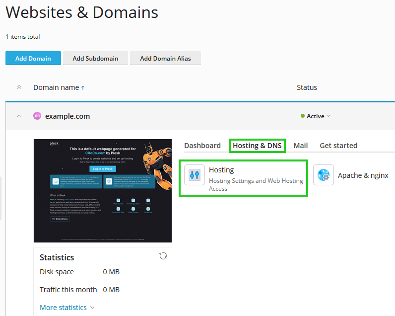 A screenshot of the Plesk panel, highlighting the Hosting option under Hosting & DNS