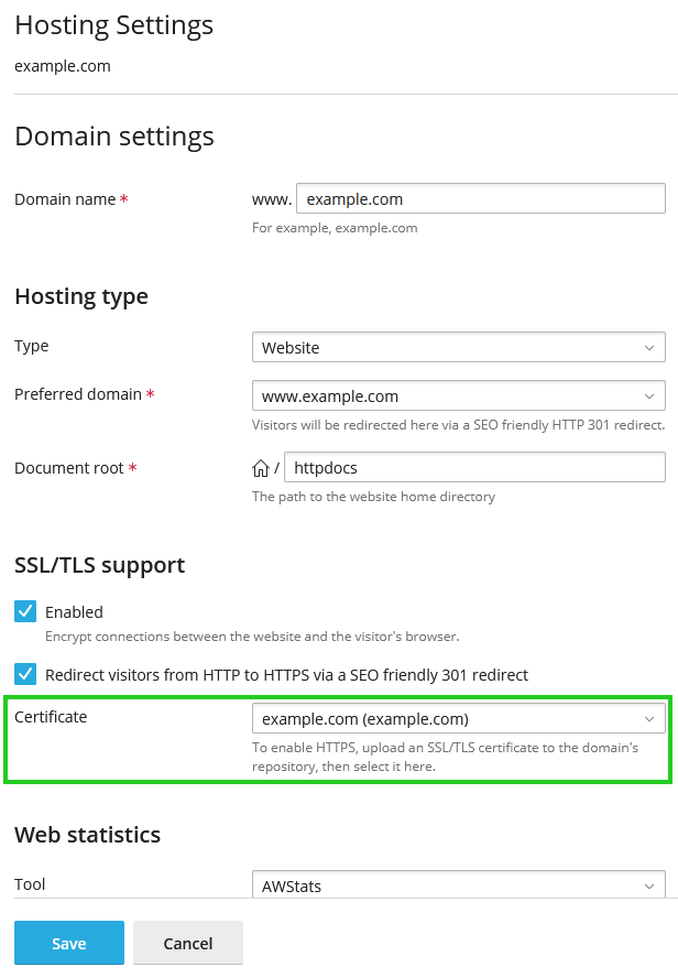 A screenshot of the Hosting Settings section in the Plesk panel