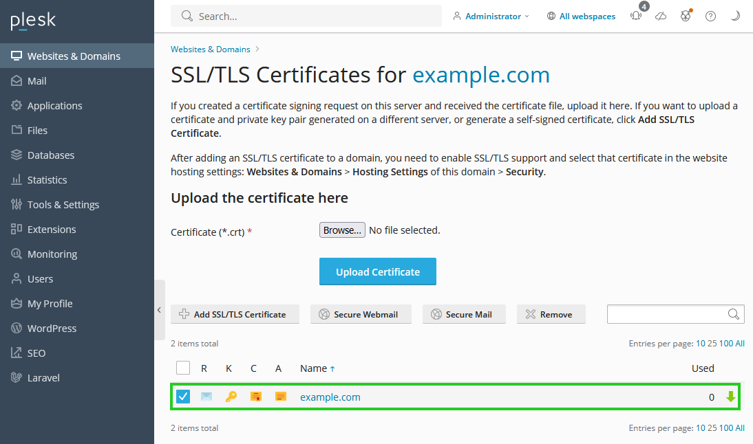 A screenshot of the Plesk panel, highlighting an example SSL certificate in a list
