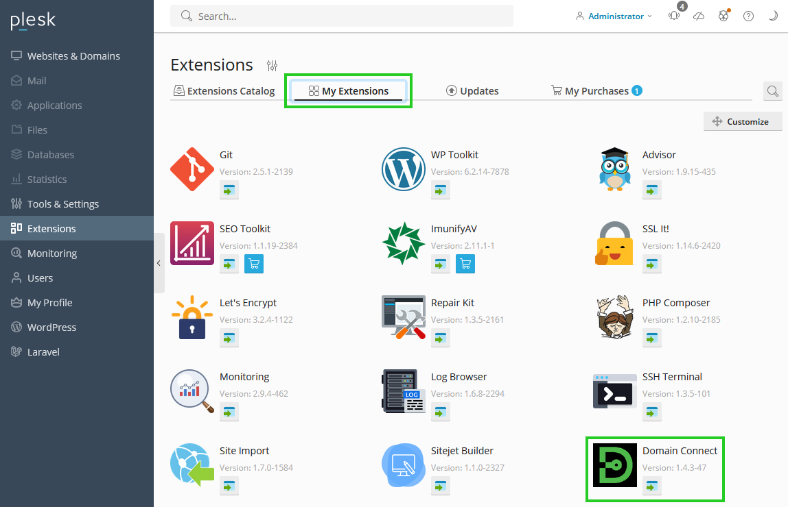 A screenshot of the Plesk panel, highlighting the Domain Connect extension under the My Extensions tab