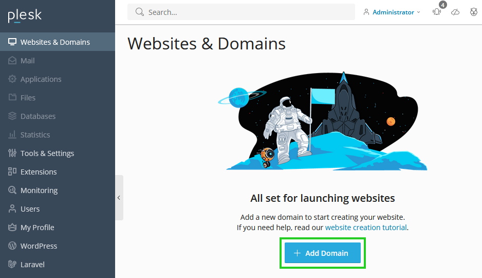 A screenshot of the Plesk panel, highlighting the Add Domain button