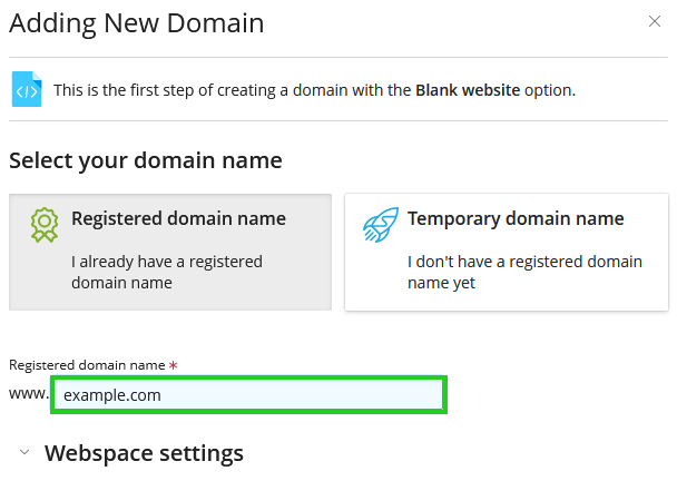 A screenshot of the Plesk panel Adding New Domain page, highlighting the domain name text field