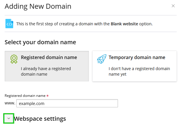 A screenshot of the Plesk panel Adding New Domain page, highlighting the down arrow next to Webspace settings