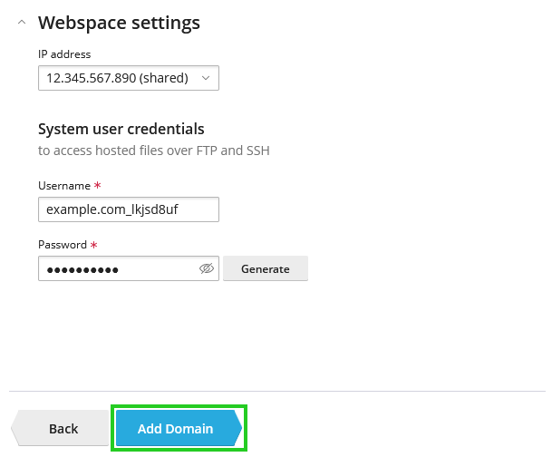 A screenshot of the Plesk panel Webspace settings, highlighting the Add Domain button