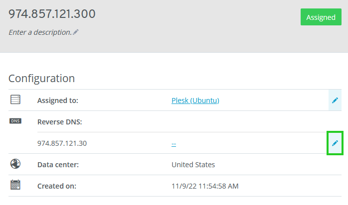 A screenshot of the Cloud Panel Public IP Configuration, with the Reverse DNS settings highlighted