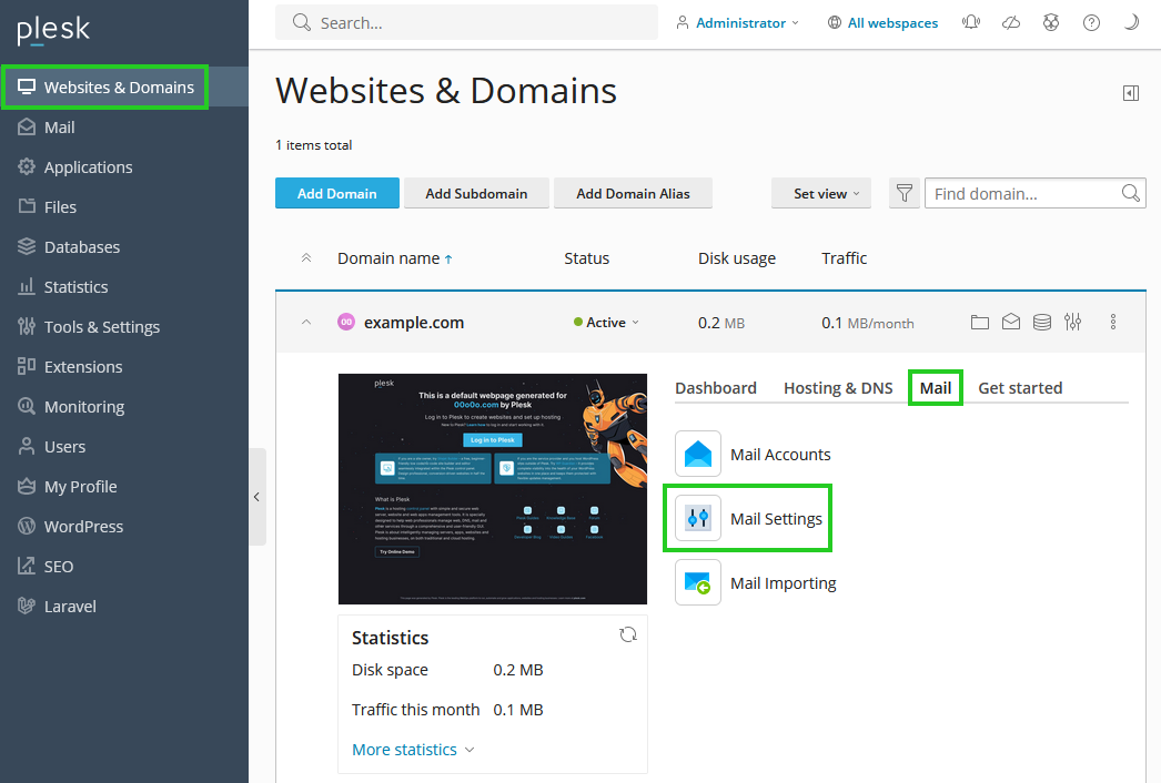 A screenshot of the Plesk panel with the Mail Settings option highlighted