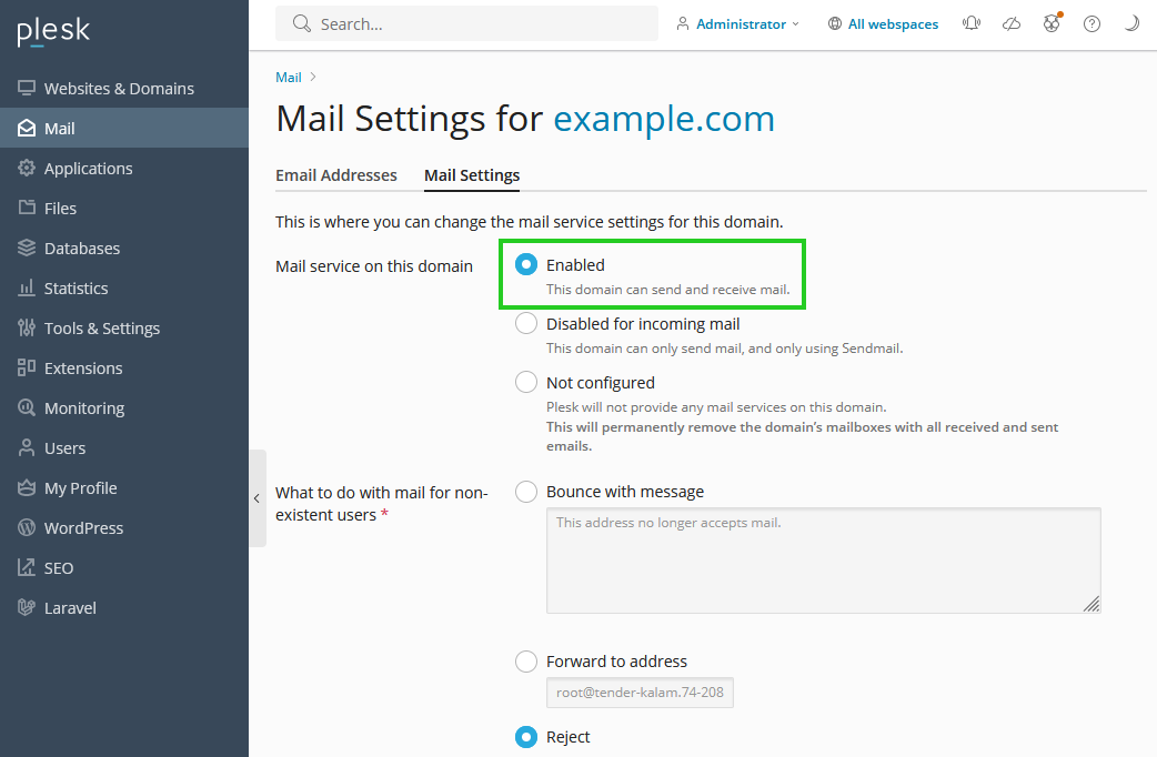 A screenshot of the Enabled radio button selected for the setting titled, Mail service on this domain