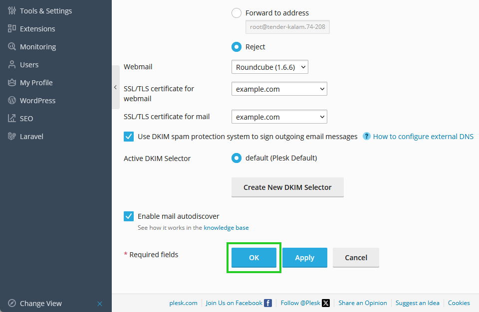 A screenshot of the OK button highlighted