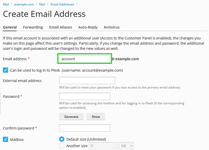 A screenshot of the Create Email Address page, with the email address text field highlighted