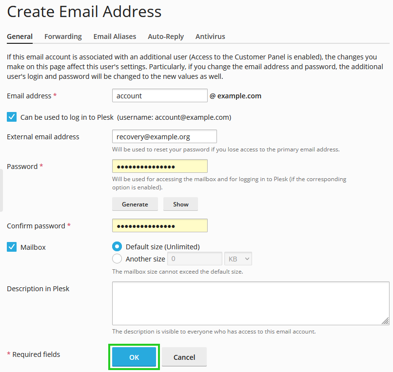A screenshot of the Create Email Address page with the OK button highlighted