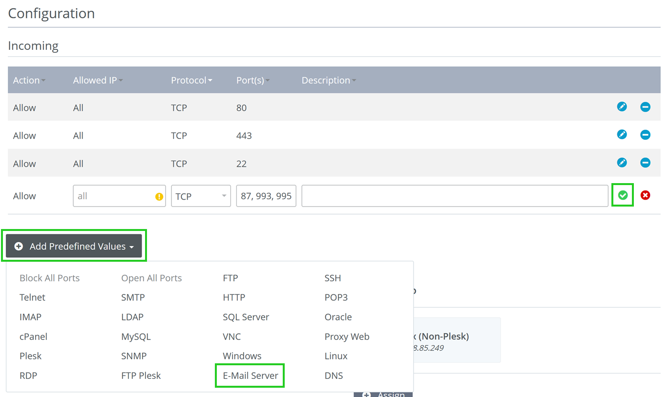 The IONOS firewall policies with the Email Server option highlighted within the Add Predefined Values menu.