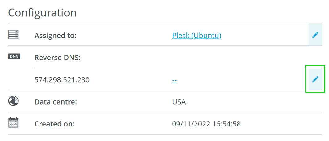 The Configuration section of the Public IP page within the Cloud Panel, with the edit Reverse DNS icon highlighted.