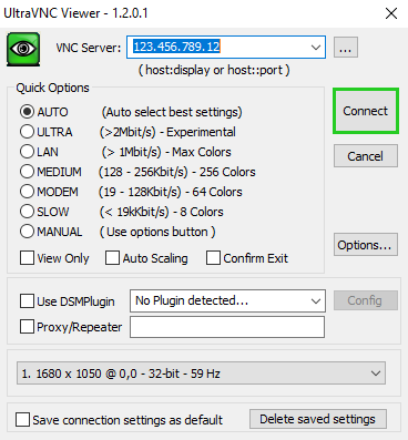 Screenshot: Die Oberfläche des Programms UltraVNC Viewer wird angezeigt. In der Oberfläche ist die  Schaltfläche Connect hervorgehoben. 