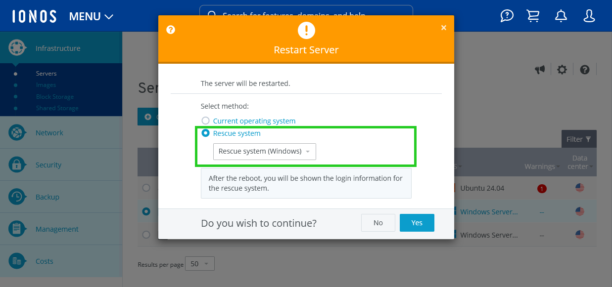 The Restart Server dialog box with the Windows Rescue System highlighted.
