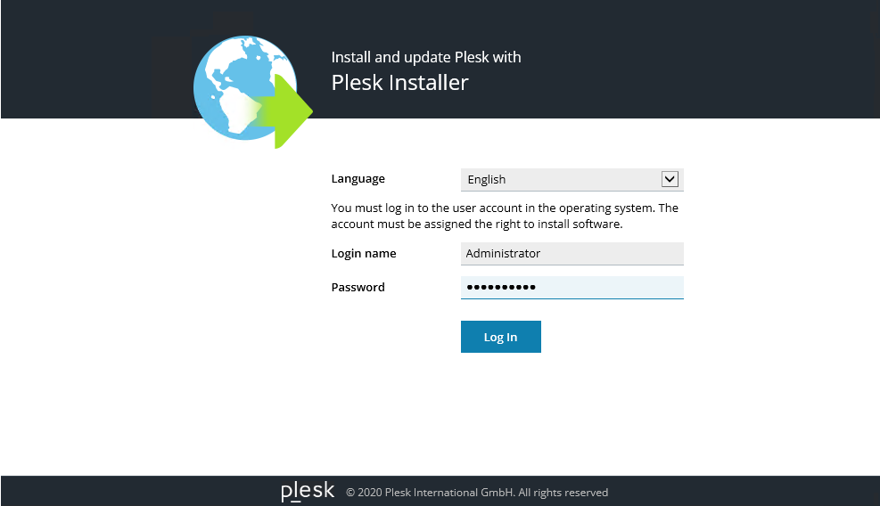 Screenshot: Das Fenster Install and update Plesk with Plesk Installer wird angezeigt. In diesem Fenster sind Anmeldedaten und Schaltfläche Log In aufgeführt.