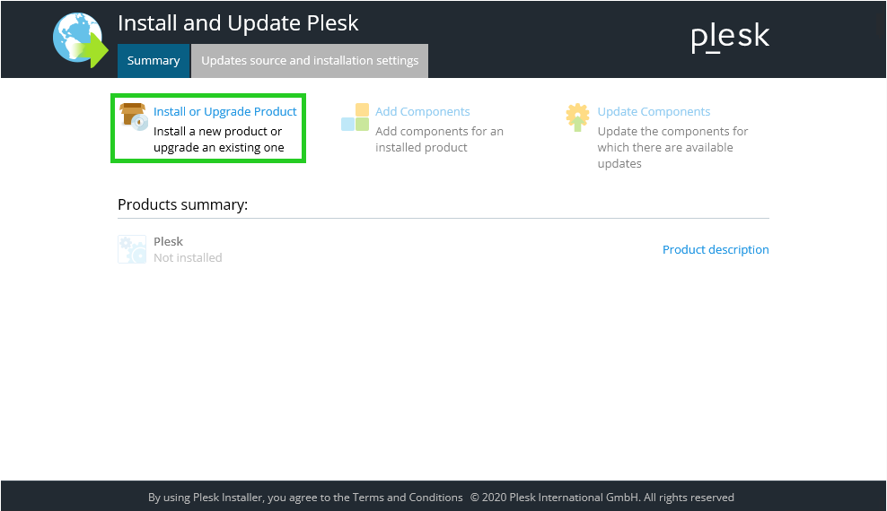 Screenshot: Das Fenster Install and update Plesk wird angezeigt. In diesem Fenster ist die Schaltfläche Install or Upgrade Product hervorgehoben.   