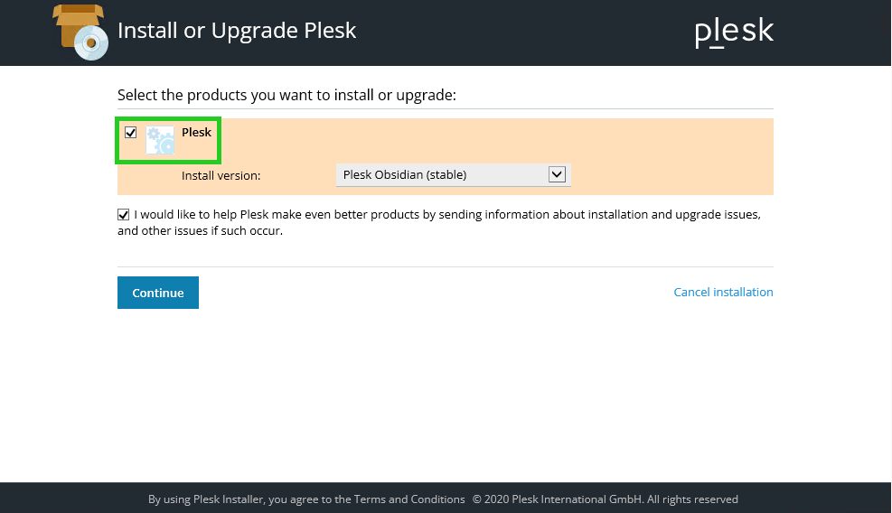 Screenshot: Das Fenster Install or Upgrade Plesk wird angezeigt. In diesem Fenster ist das Plesk als zu installierendes Produkt hervorgehoben.  