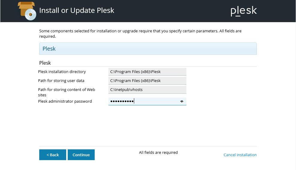Screenshot: Das Fenster Install and update Plesk wird angezeigt. In diesem Fenster werden das Installationsverzeichnis und das Verzeichnis, in dem die Daten der Nutzenden gespeichert werden angezeigt. Außerdem sind das Verzeichnis, in dem die Inhalte der in Plesk gehosteten Websites gespeichert werden sowie das Feld Plesk administrator password und die Schaltfläche Continue aufgeführt. 