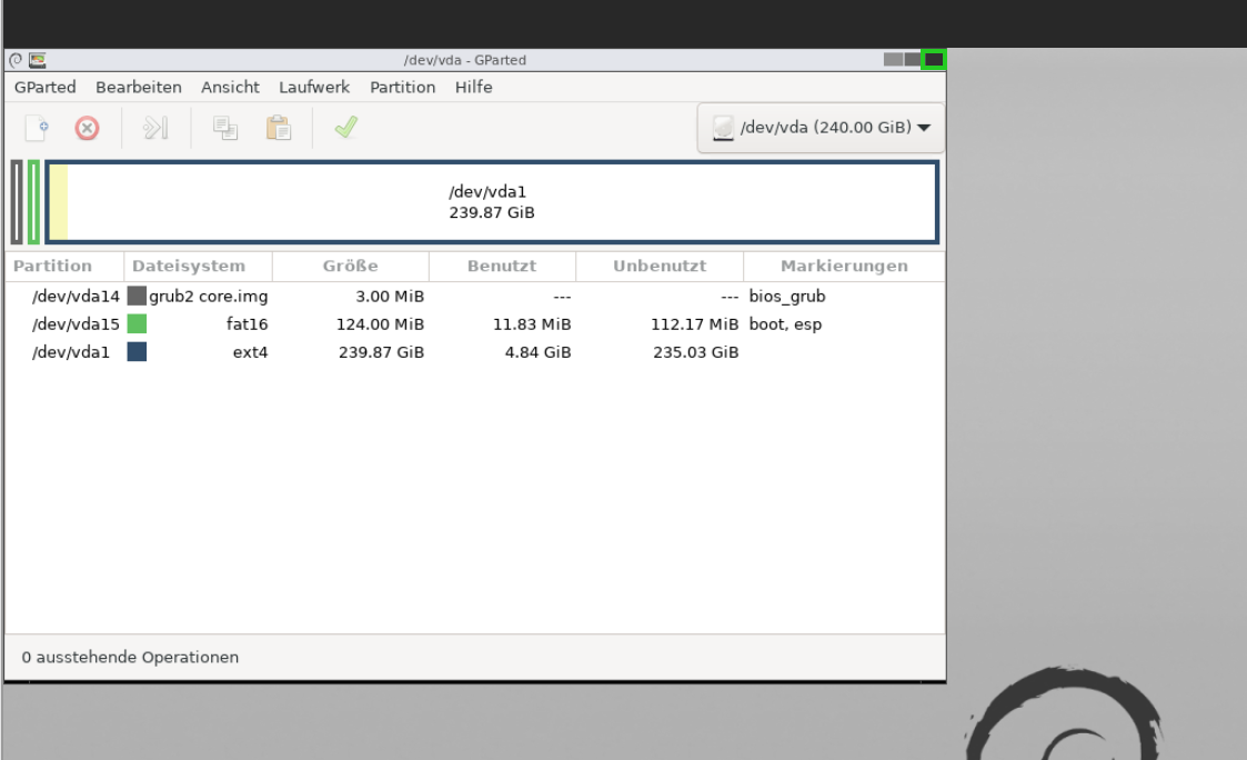 Screenshot: Das Fenster /dev/vda wird angezeigt. In diesem Fenster ist oben rechts das schwarze Rechteck hervorgehoben. 