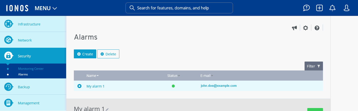 The Alarms section of the IONOS Cloud Panel.