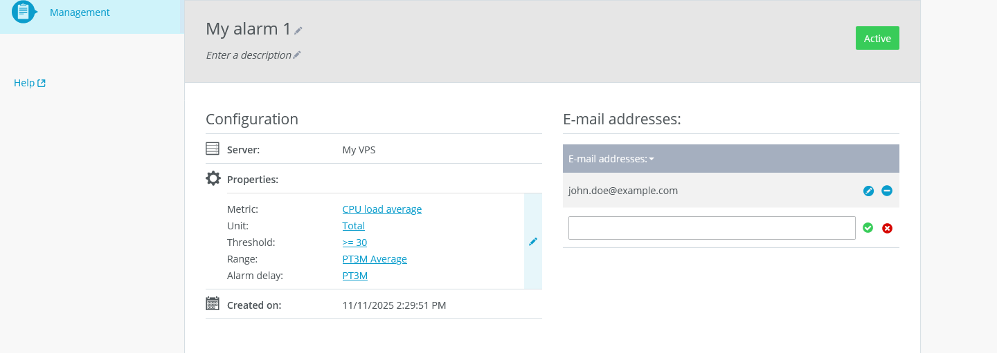 Additional information on the alarm is displayed within the IONOS Cloud Panel.