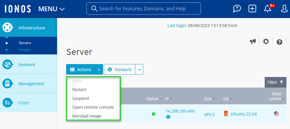 The Servers page under the Infrastructure tab in the IONOS Cloud Panel, with the available server actions highlighted.