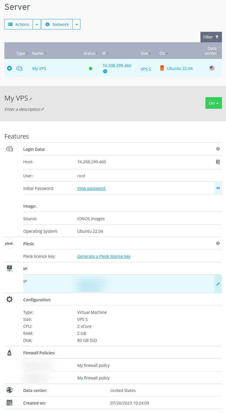 The Cloud Panel with the server's Features displayed.