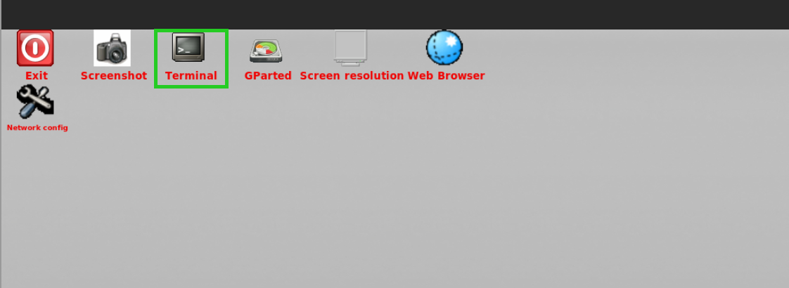 A screenshot of the GParted desktop with the Terminal application highlighted